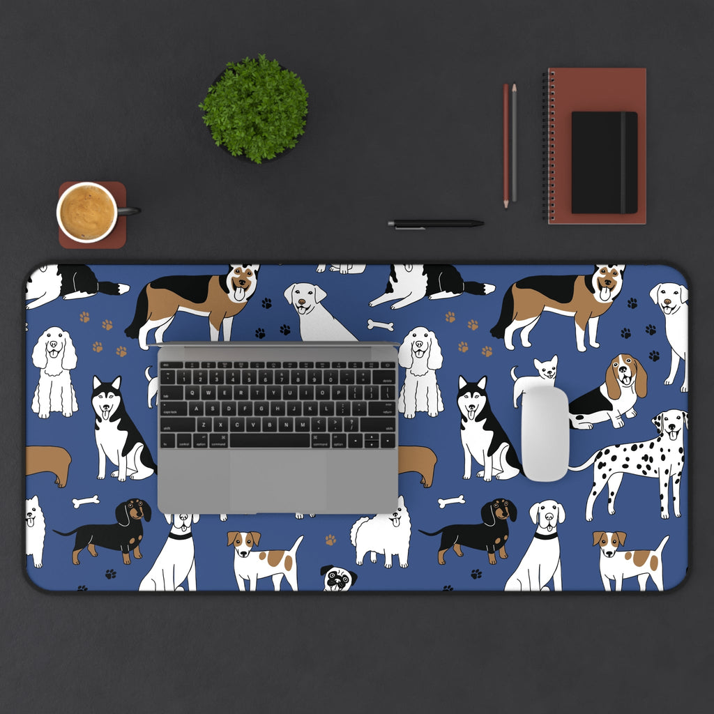 Dog Pattern Desk Mat — Blue Cute Puppy Desk Pad for Pet Lovers