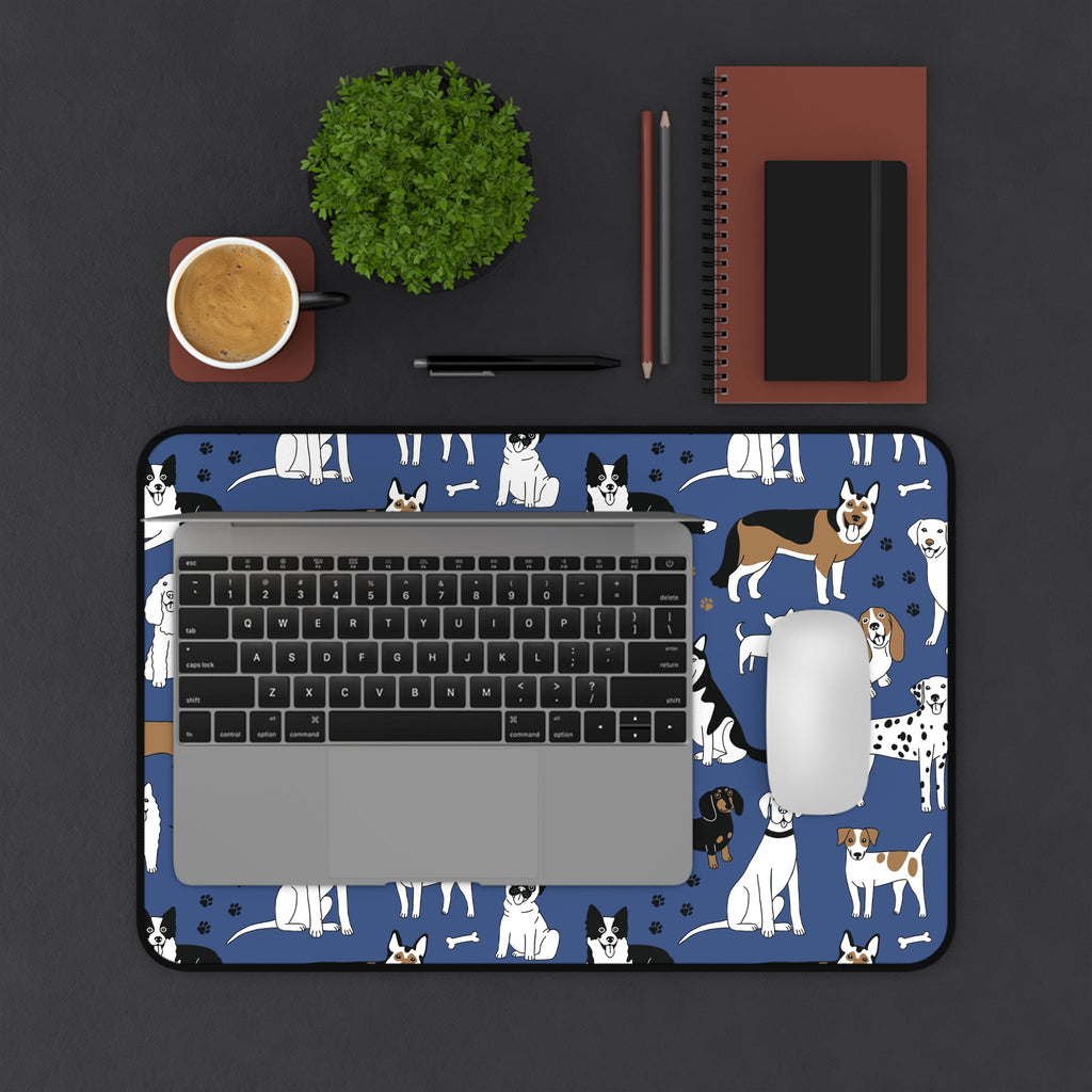 Dog Pattern Desk Mat — Blue Cute Puppy Desk Pad for Pet Lovers