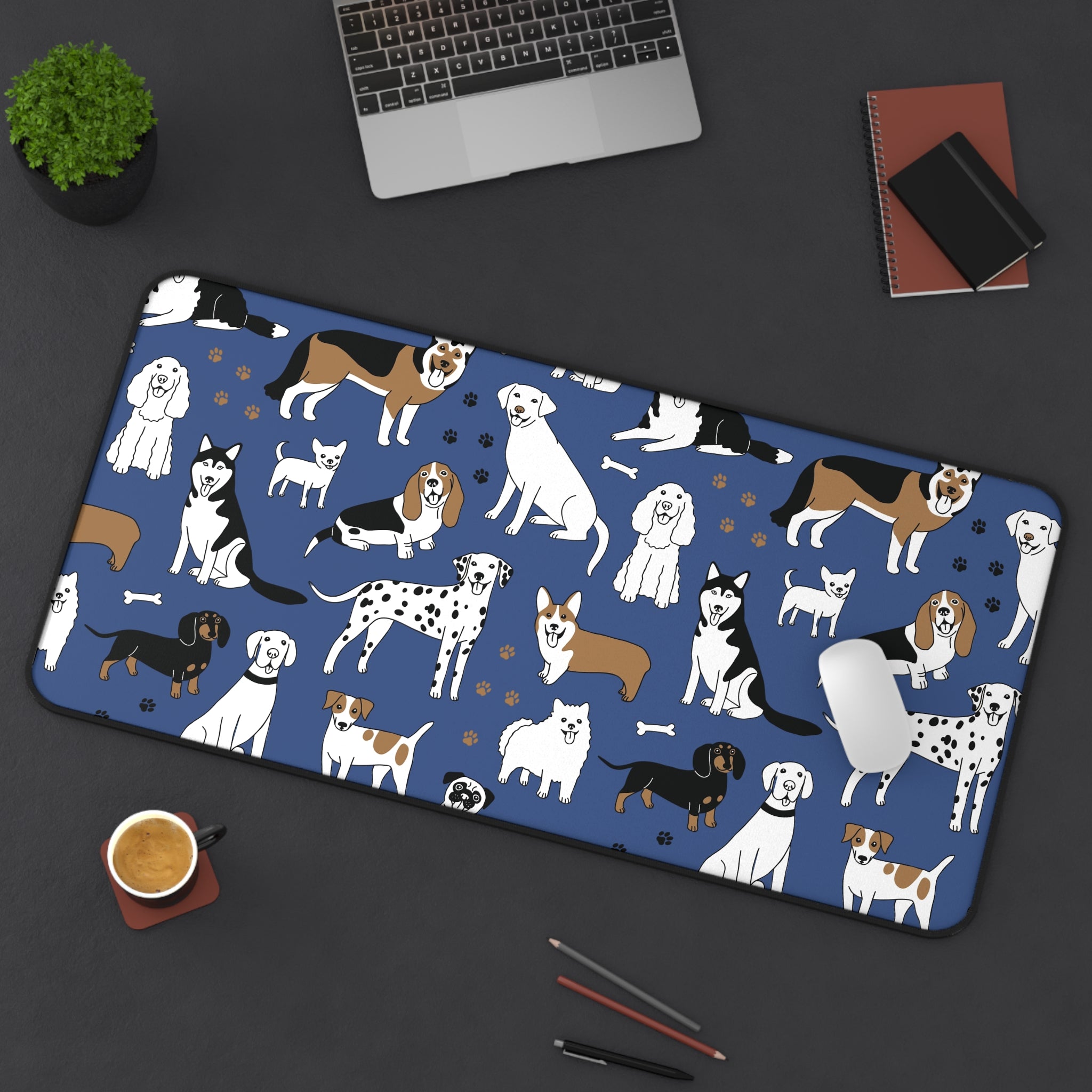 Dog Pattern Desk Mat — Blue Cute Puppy Desk Pad for Pet Lovers