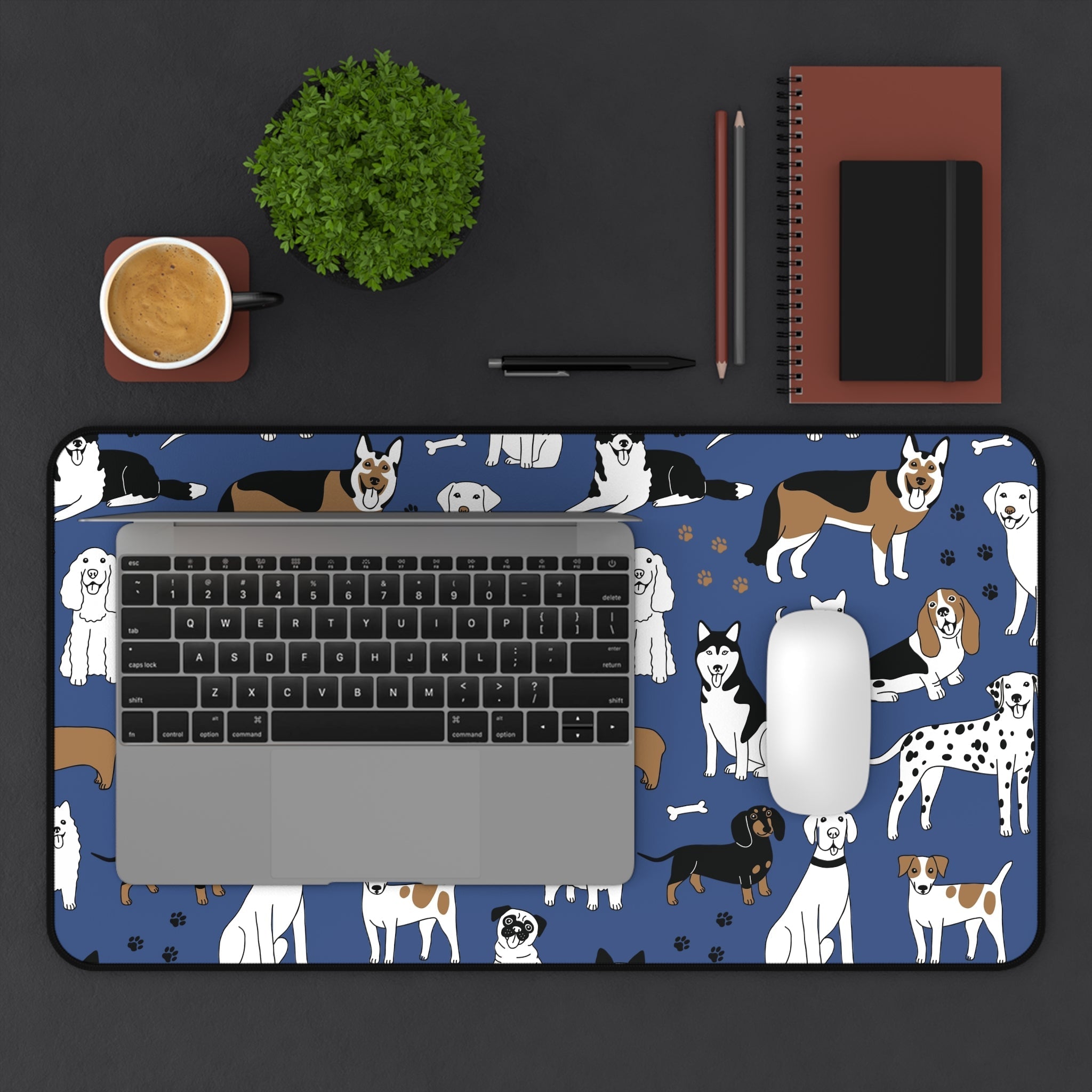 Dog Pattern Desk Mat — Blue Cute Puppy Desk Pad for Pet Lovers