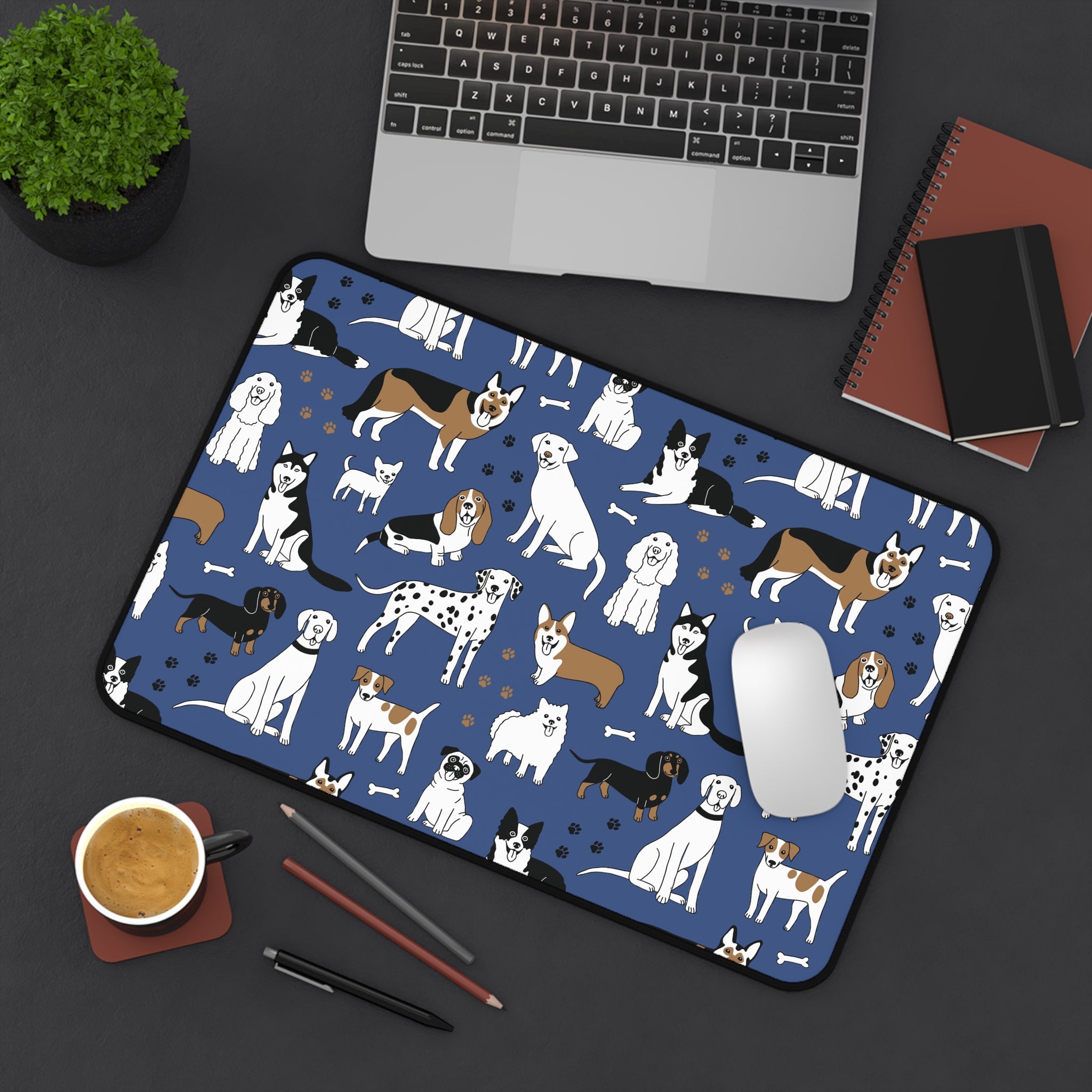 Dog Pattern Desk Mat — Blue Cute Puppy Desk Pad for Pet Lovers