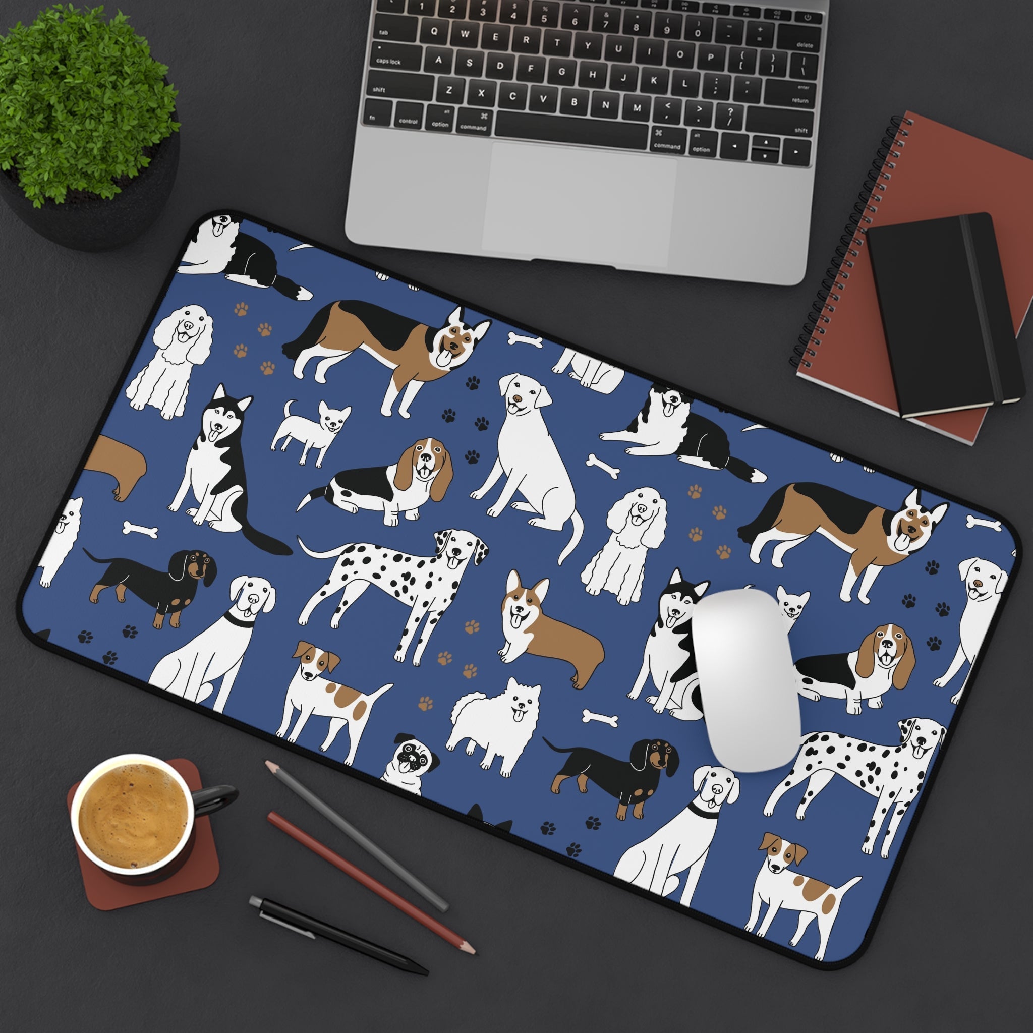 Dog Pattern Desk Mat — Blue Cute Puppy Desk Pad for Pet Lovers